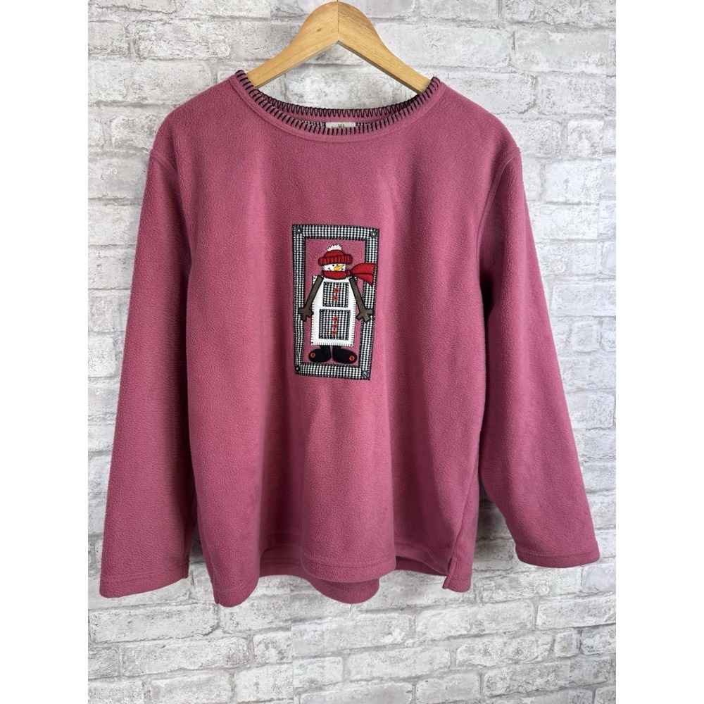 Vintage Jenny Buchanan Embroidered Fleece Pullover Sweatshirt Snowman Pink Large